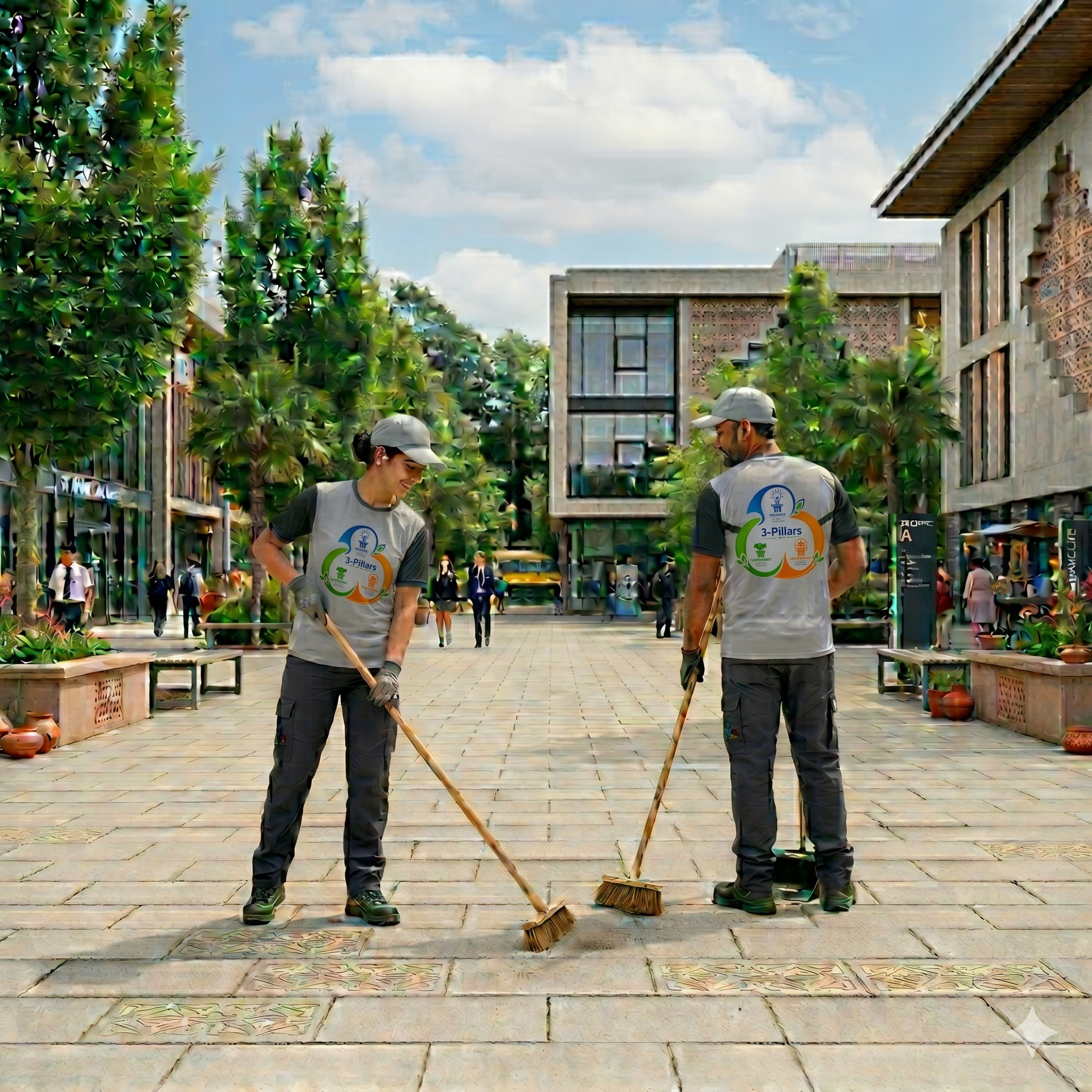 3 Pillars trained cleaning staff sweeping a property courtyard in uniform
